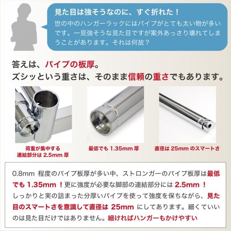 画像9: プロ仕様でグラつかない　業務用ハンガーラック　ストロンガー　幅75cm　耐荷重100kg超　高さ2メートル超　高品質・良質デザイン・低価格　美しく強いアパレルショップのためのスチールハンガーラック (9)