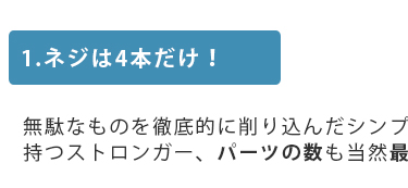 1.ネジは4本だけ！無駄なものを徹底的に削り込んだシンプルさを持つストロンガー、パーツの数も当然最小限。