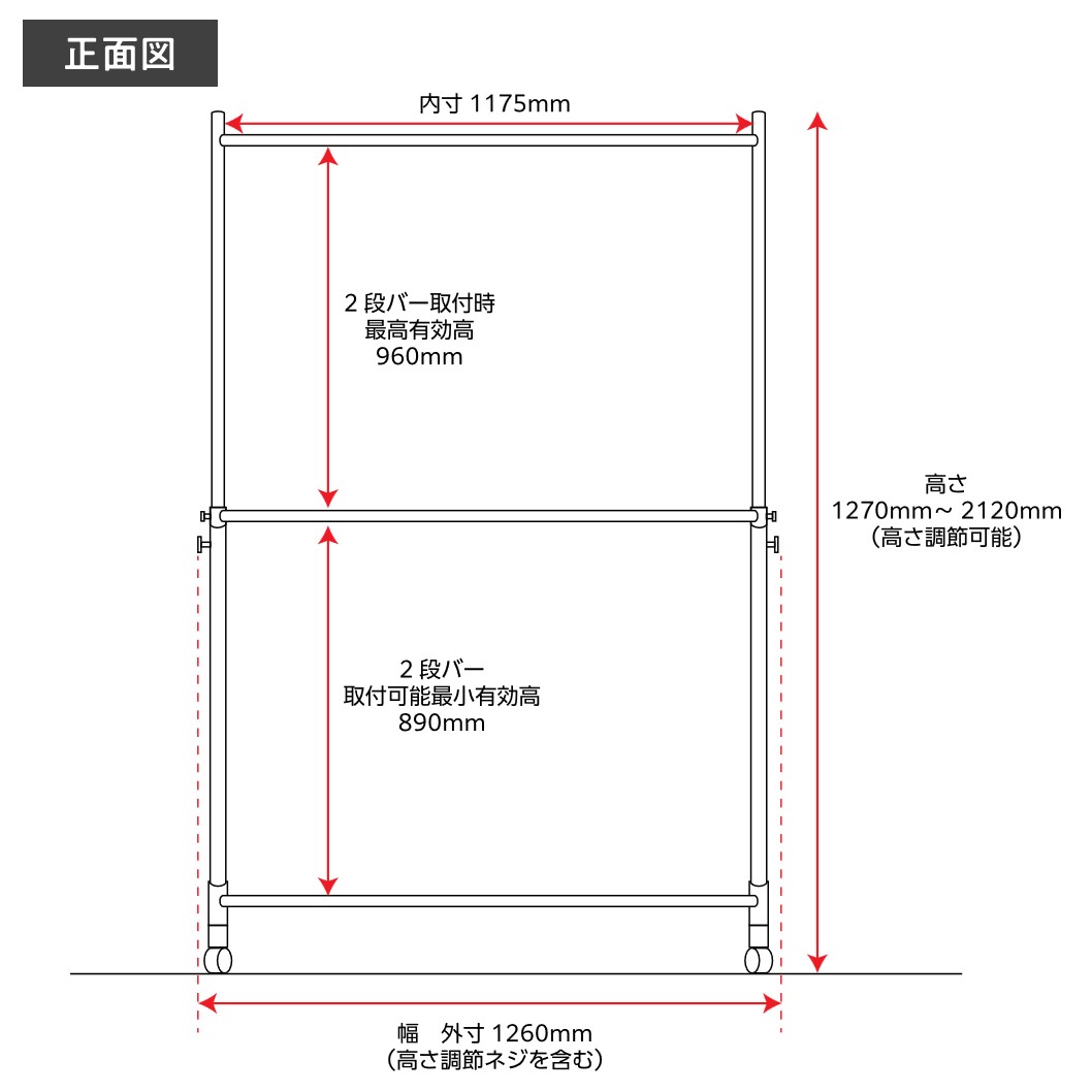 ハンガーラックストロンガー幅120cm2段バーセットサイズ