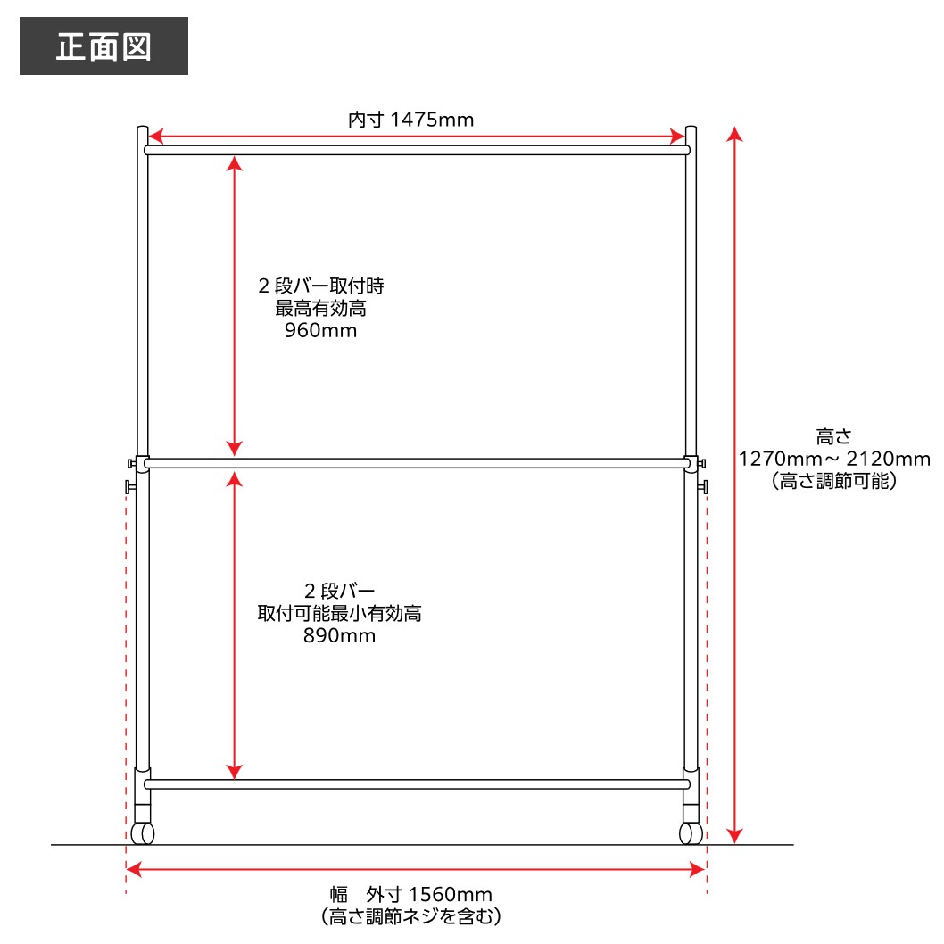 ハンガーラックストロンガー幅150cm2段バーセットサイズ