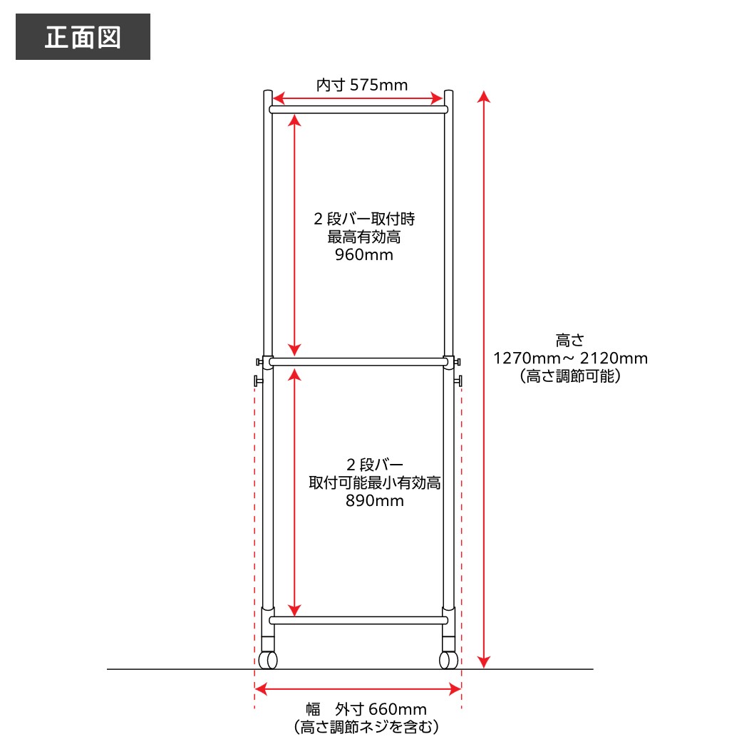 ハンガーラックストロンガー幅60cm2段バーセットサイズ