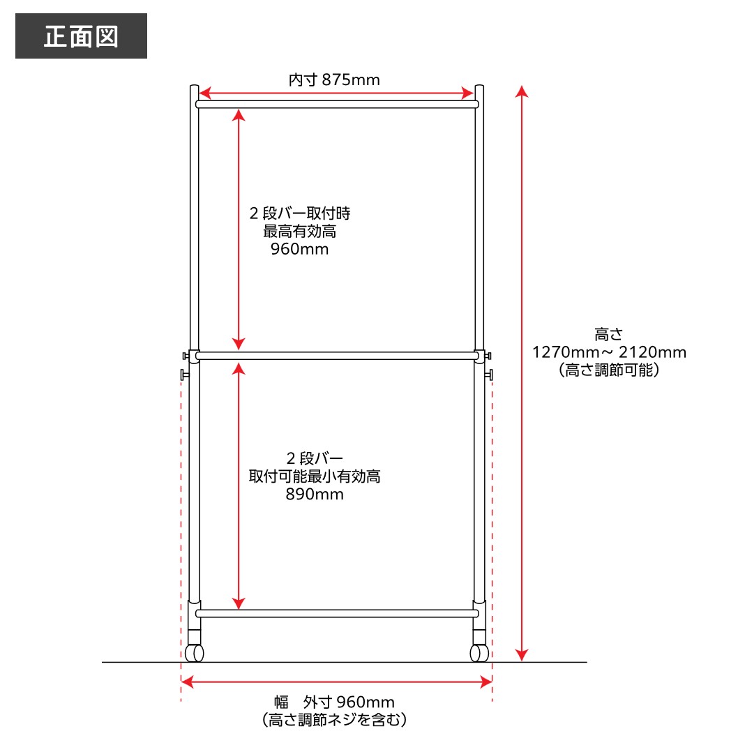 ハンガーラックストロンガー幅90cm2段バーセットサイズ