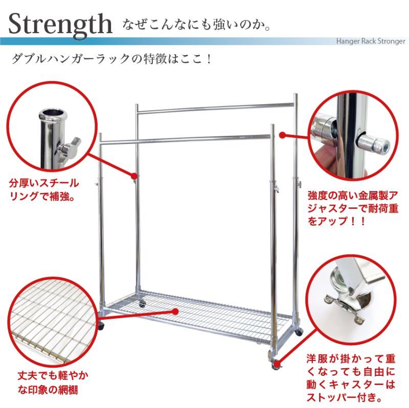 ダブルハンガーラックの強さの秘密は分厚いスチール、耐久強化された部品