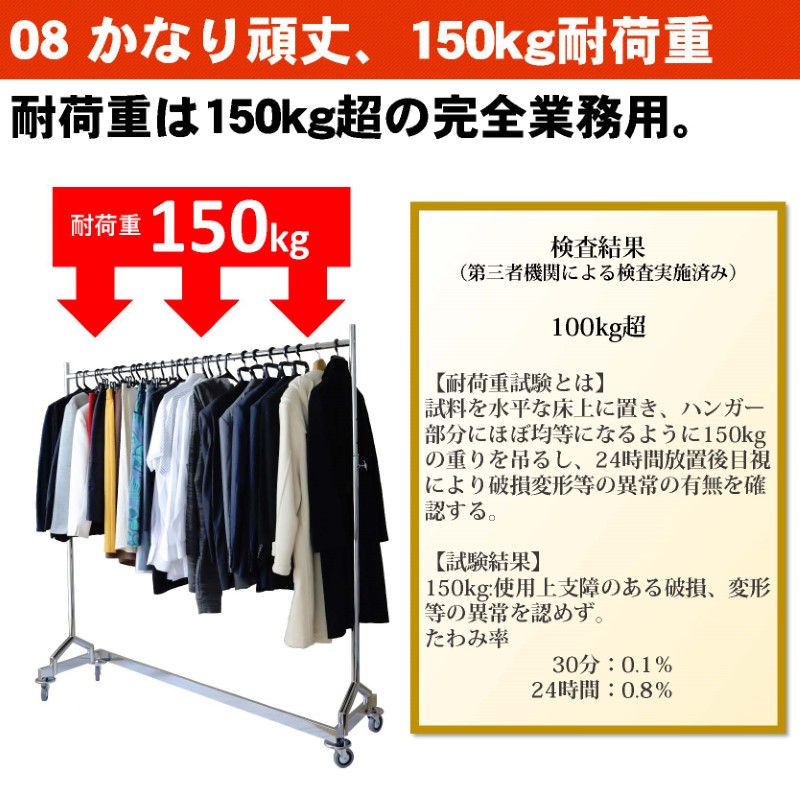 クロムスタイルのZハンガーラックは第三者機関の荷重検査結果で150kgの荷重試験を実施。