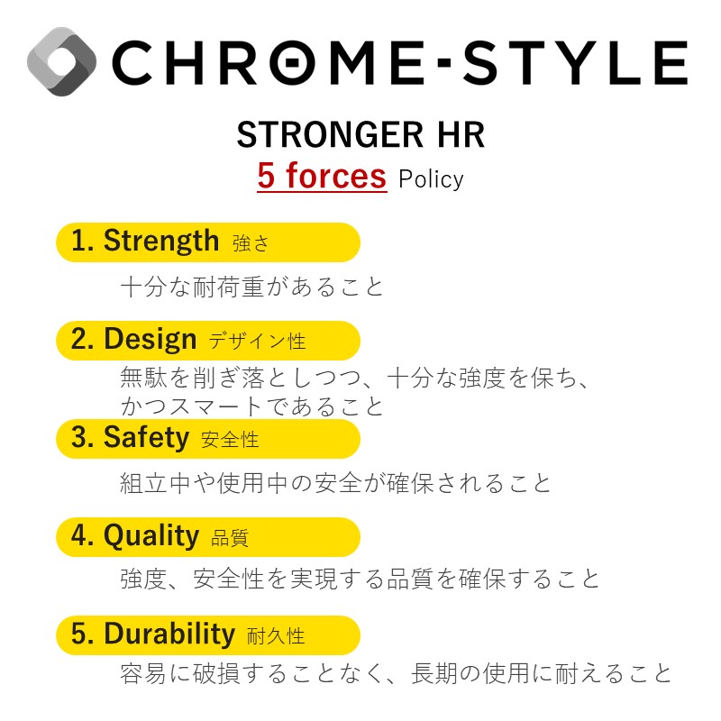 クロムスタイルの業務用ハンガーラック・ストロンガーは強度・デザイン性・安全性・品質・耐久性の5つのポリシーで設計しています。